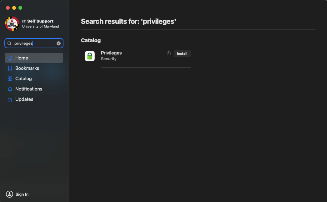 Self Service+ search results for "privileges" showing one Catalog result named Privileges under the Security category, with an Install button on the right.