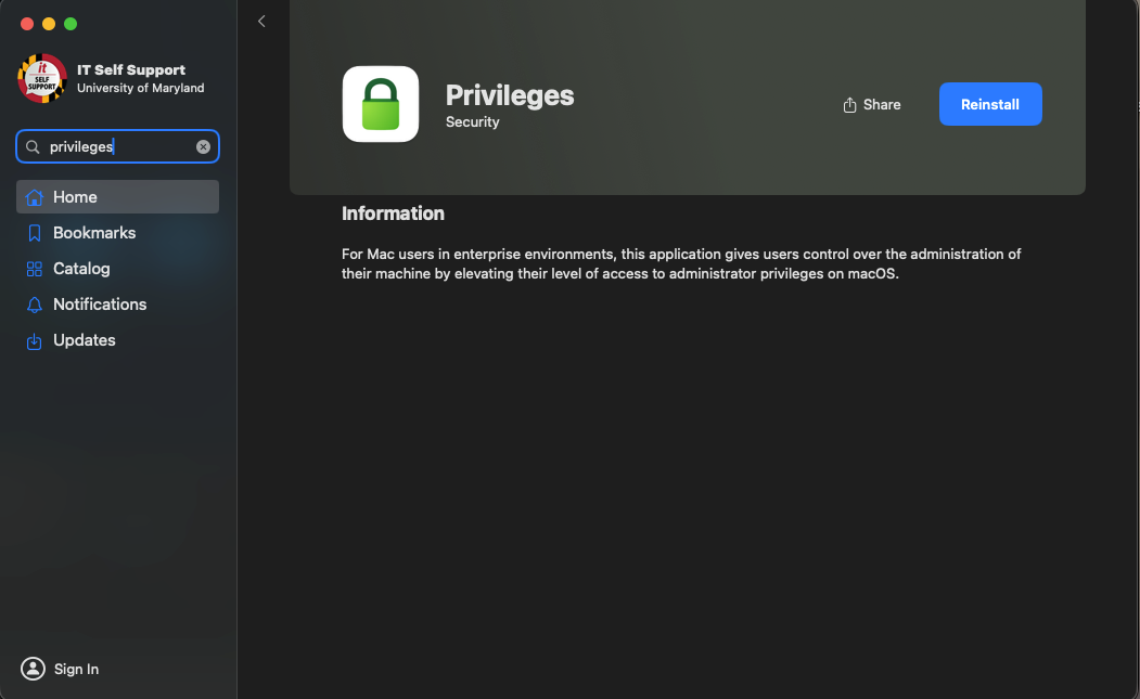 Privileges app detail page in Self Service+ showing the app name, Security category, a Reinstall button, and an Information section describing the tool as giving enterprise Mac users control over administrator privileges on macOS.