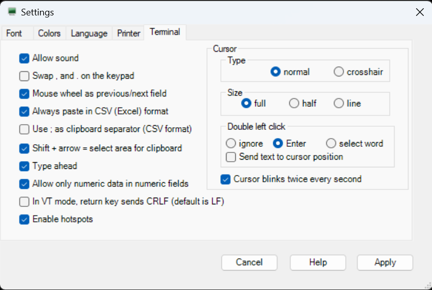 Correct options to have selected on terminal options page
