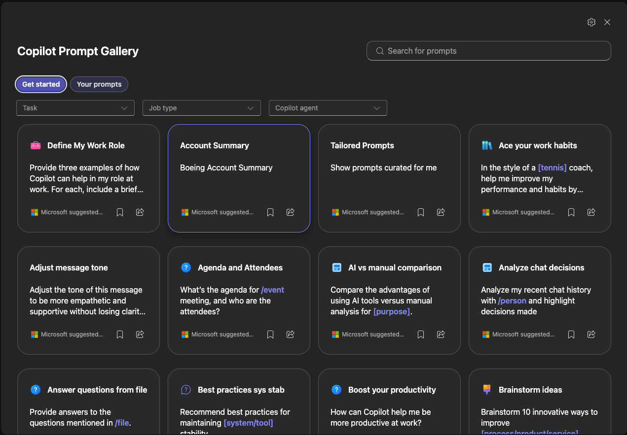 Prompt gallery available to users within Copilot