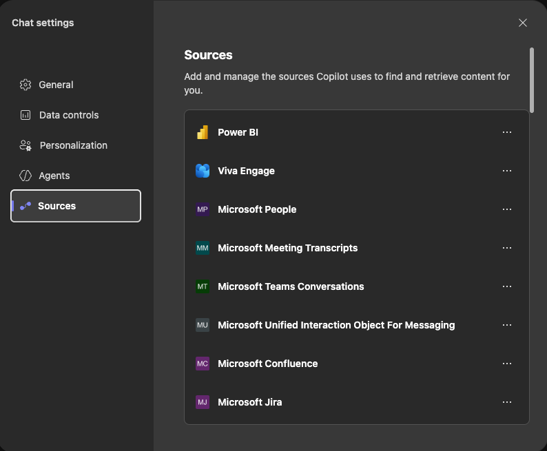 Sources window accessible through settings tab