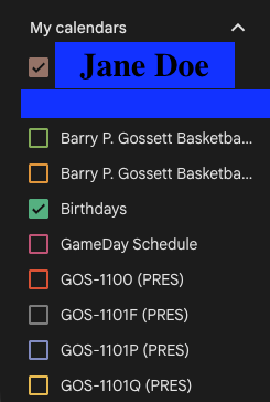 Example of personal calendar in Google Calendar